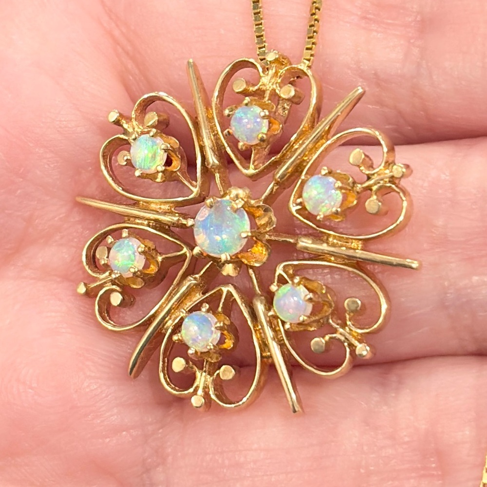 Vintage 14K Natural Opal Filigree Pendant, Large Antique Edwardian Recreation